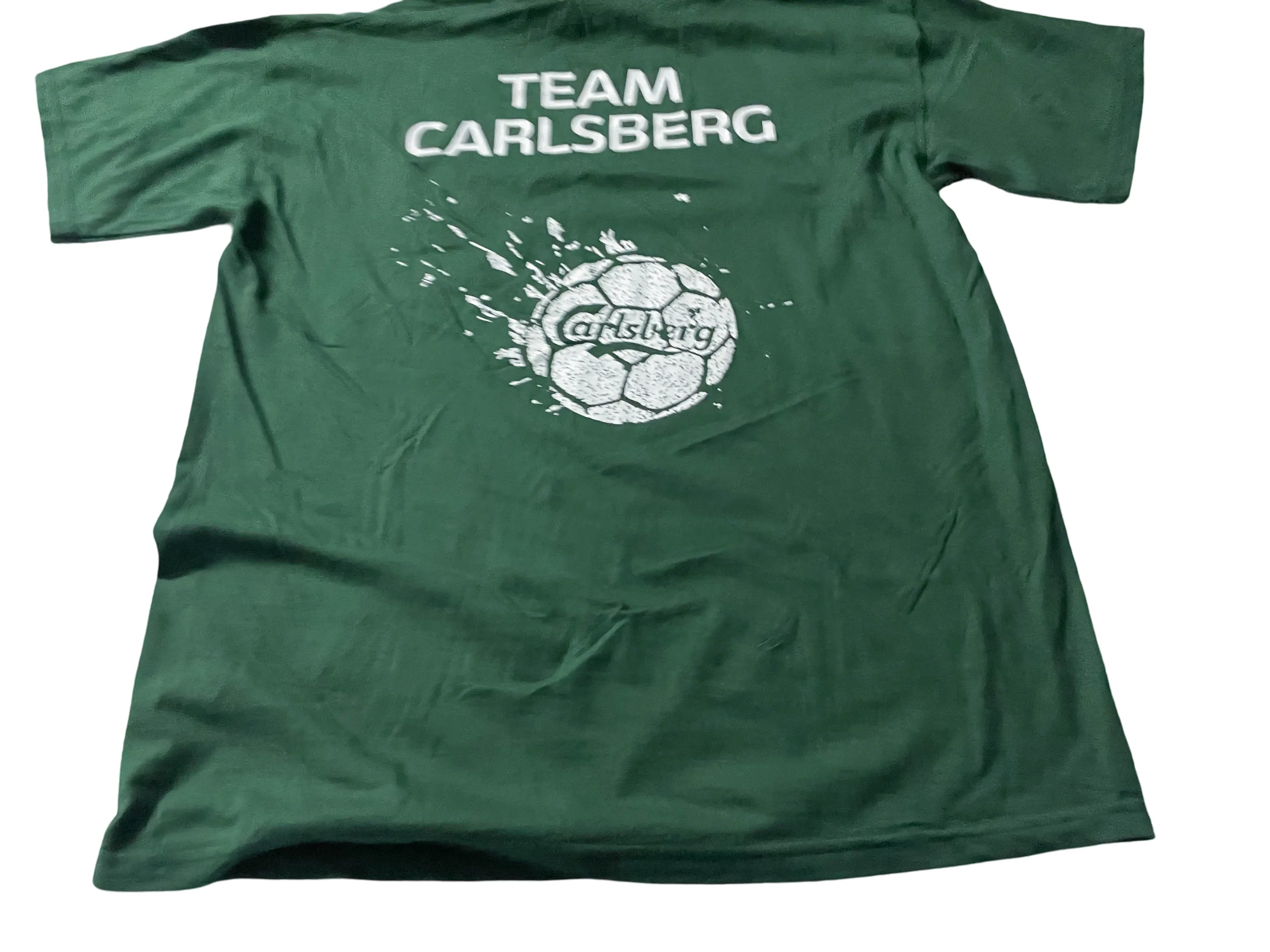 Vintage Men's Fruit of the loom Team Carlsberg print green tees in M|L27 W20|SKU 4037