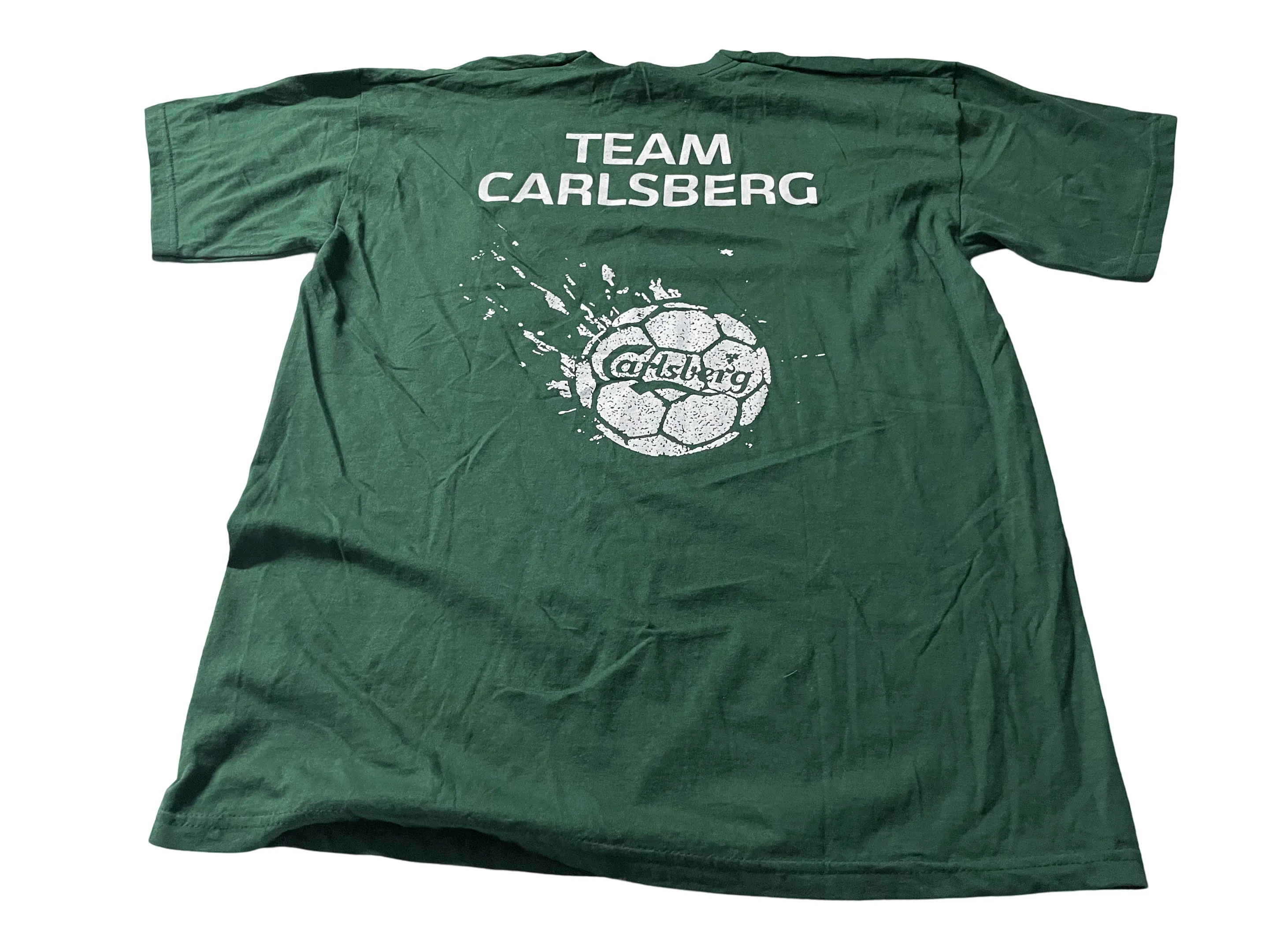 Vintage Men's Fruit of the loom Team Carlsberg print green tees in M|L27 W20|SKU 4037