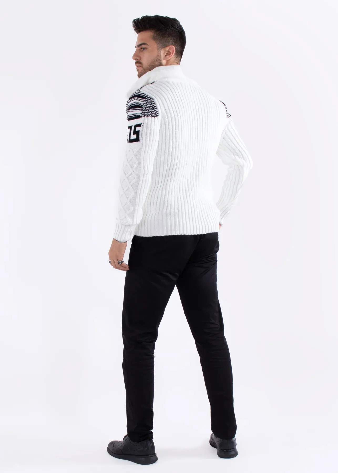 White Men's Knitted Greek Key Turtleneck Pullover Sweater