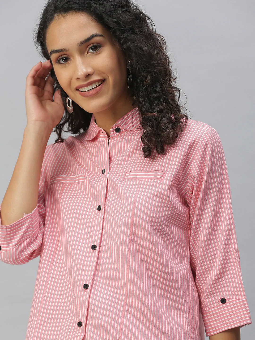 Women Club Collar Striped Pink Shirts