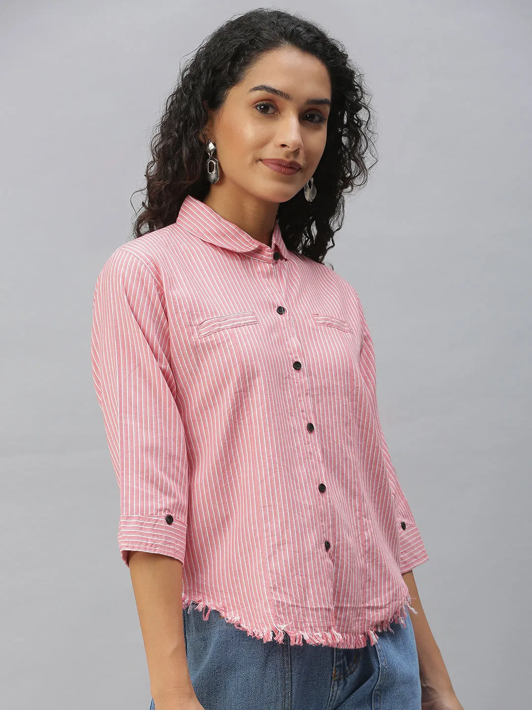 Women Club Collar Striped Pink Shirts