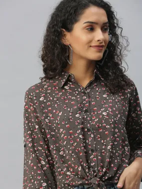 Women Collared Printed Brown Shirts