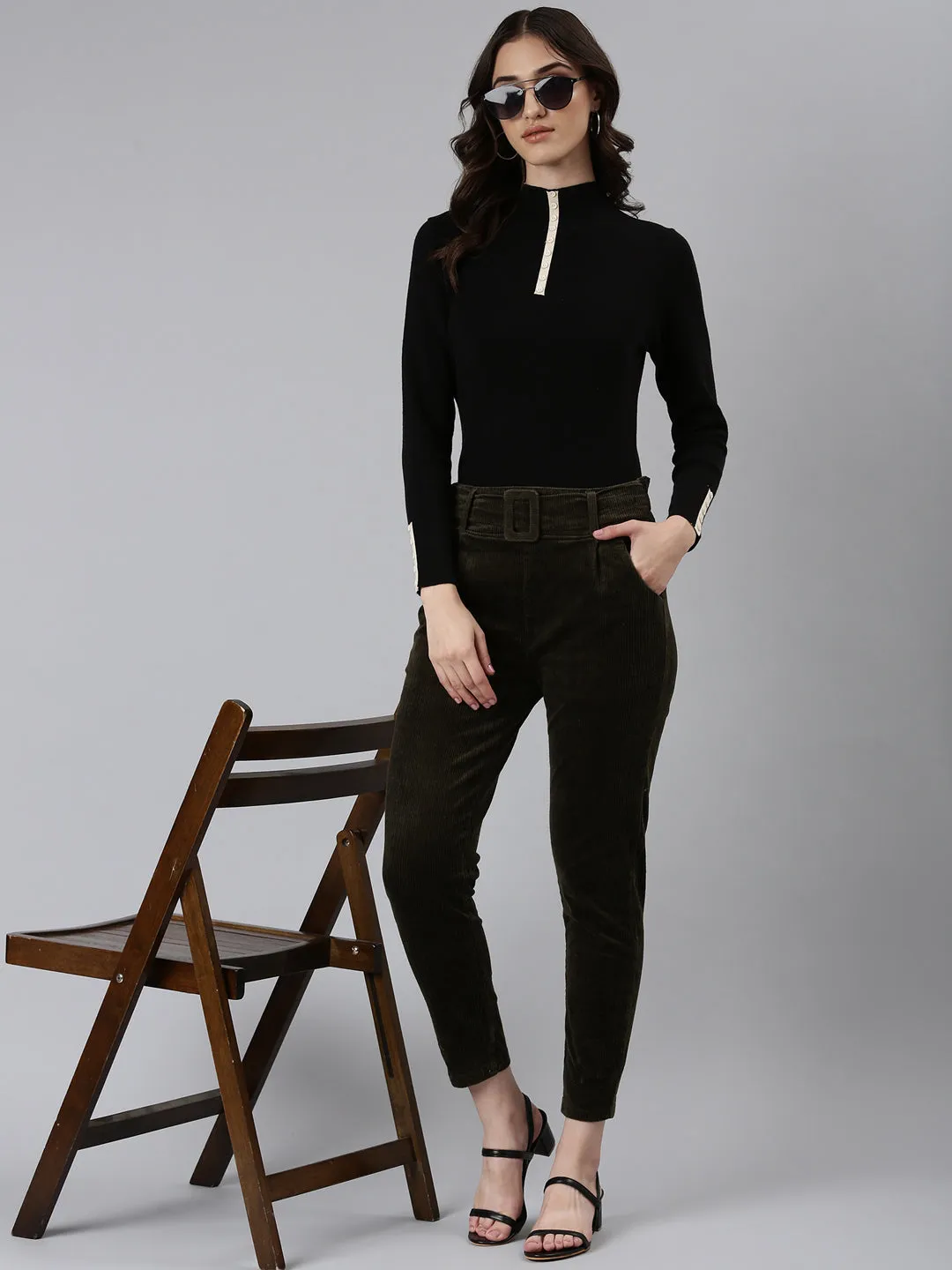 Women Olive Solid Peg Trouser