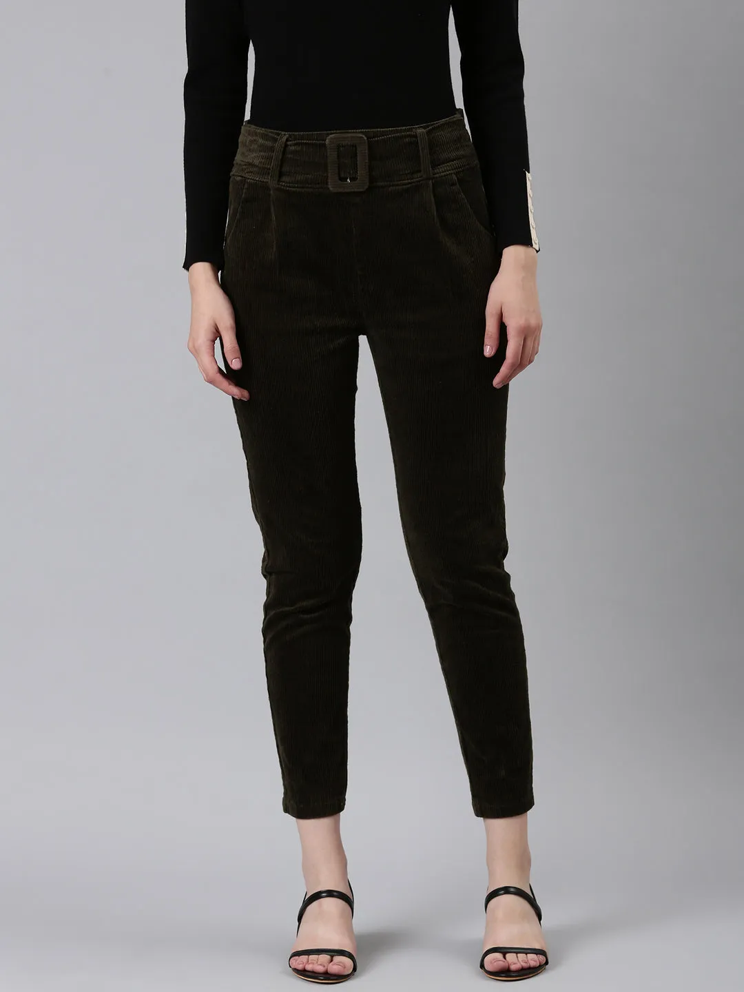 Women Olive Solid Peg Trouser