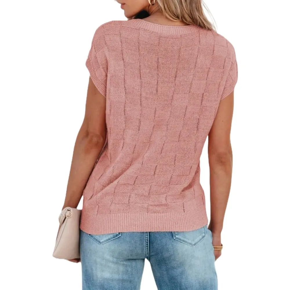 Women's Cap Sleeve Lightweight Crewneck Knit Tops-Dusty Pink