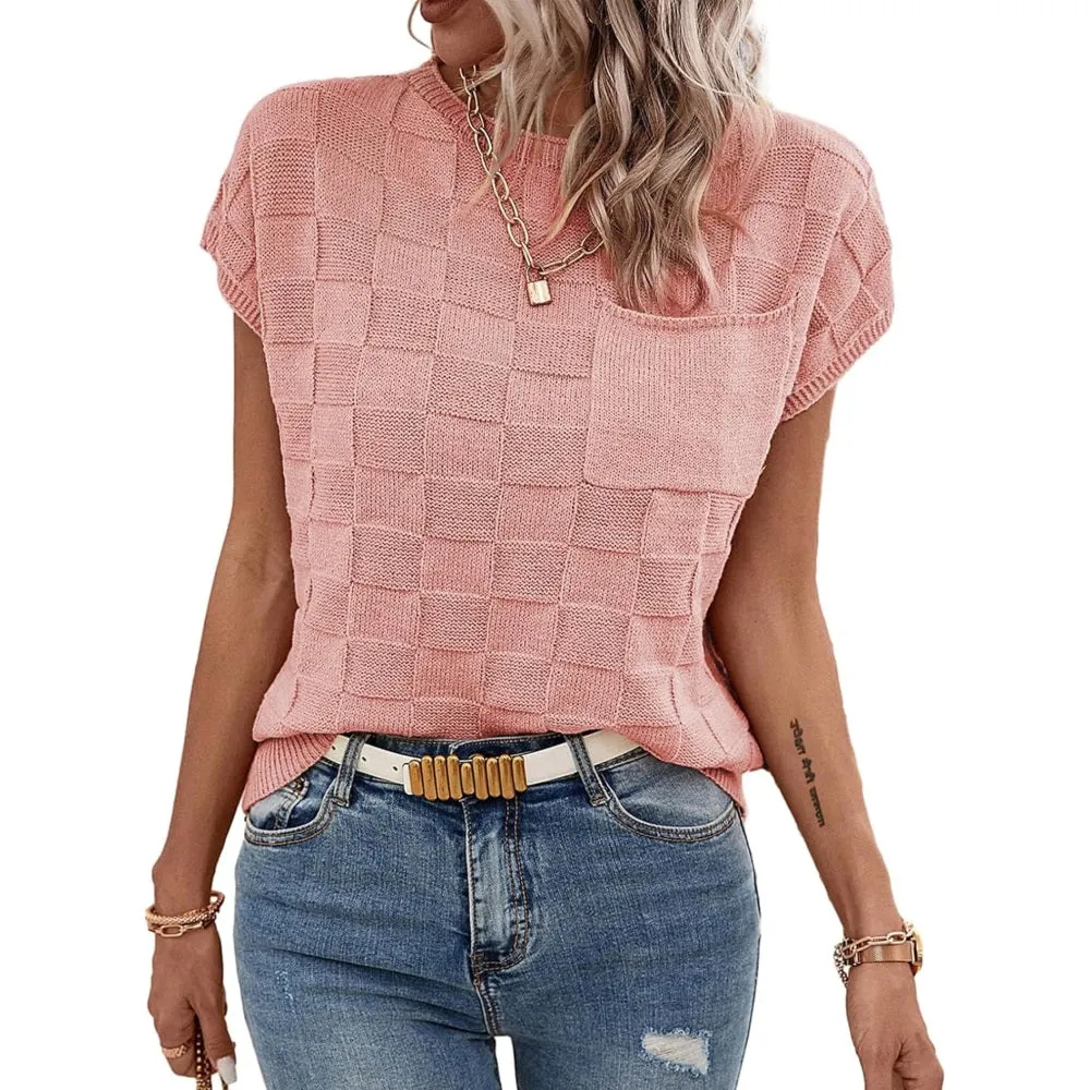 Women's Cap Sleeve Lightweight Crewneck Knit Tops-Dusty Pink