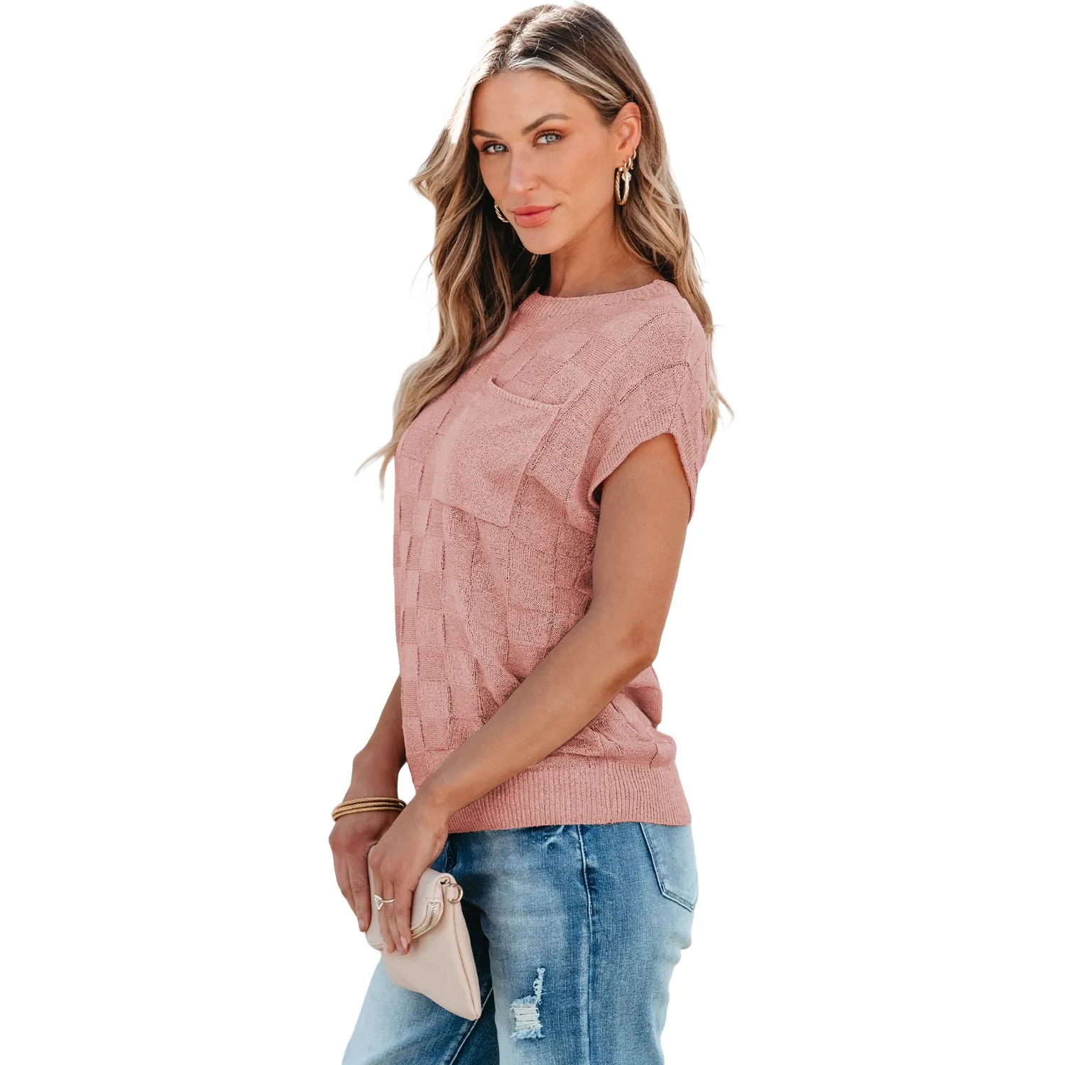 Women's Cap Sleeve Lightweight Crewneck Knit Tops-Dusty Pink