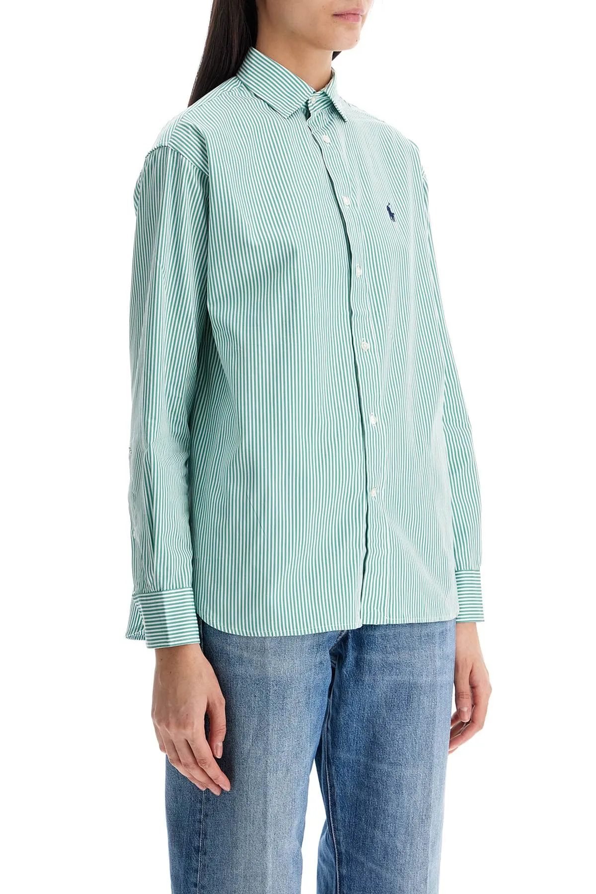 Womens Slim Fit Green And White Striped Shirt