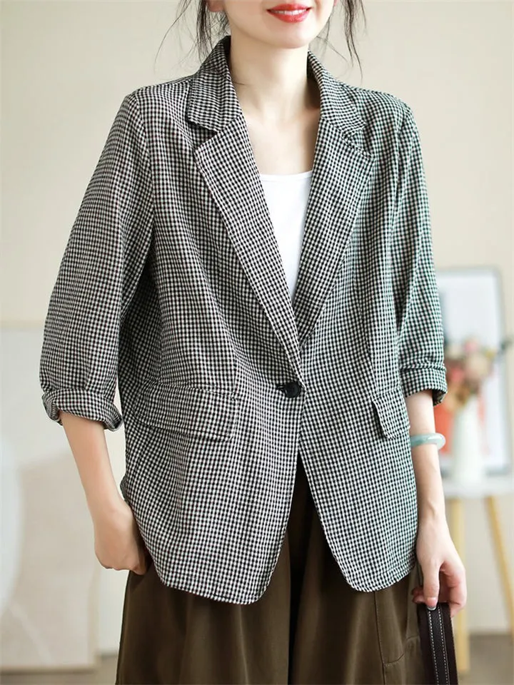 Women's Trendy Casual Plaid Notched Lapel Long Sleeve Blazer