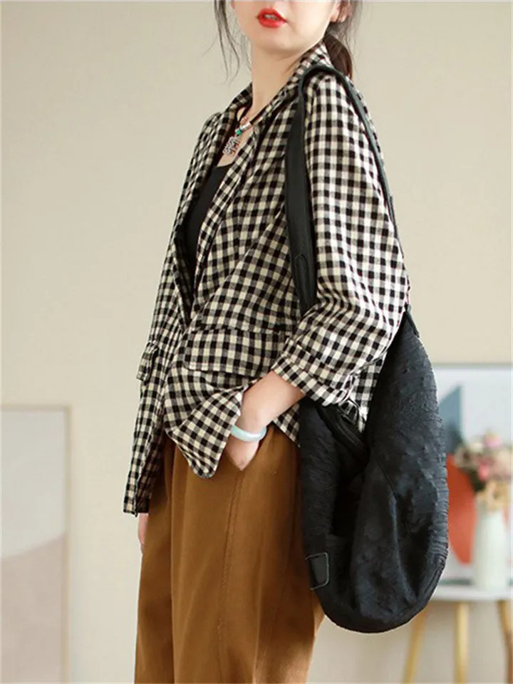 Women's Trendy Casual Plaid Notched Lapel Long Sleeve Blazer