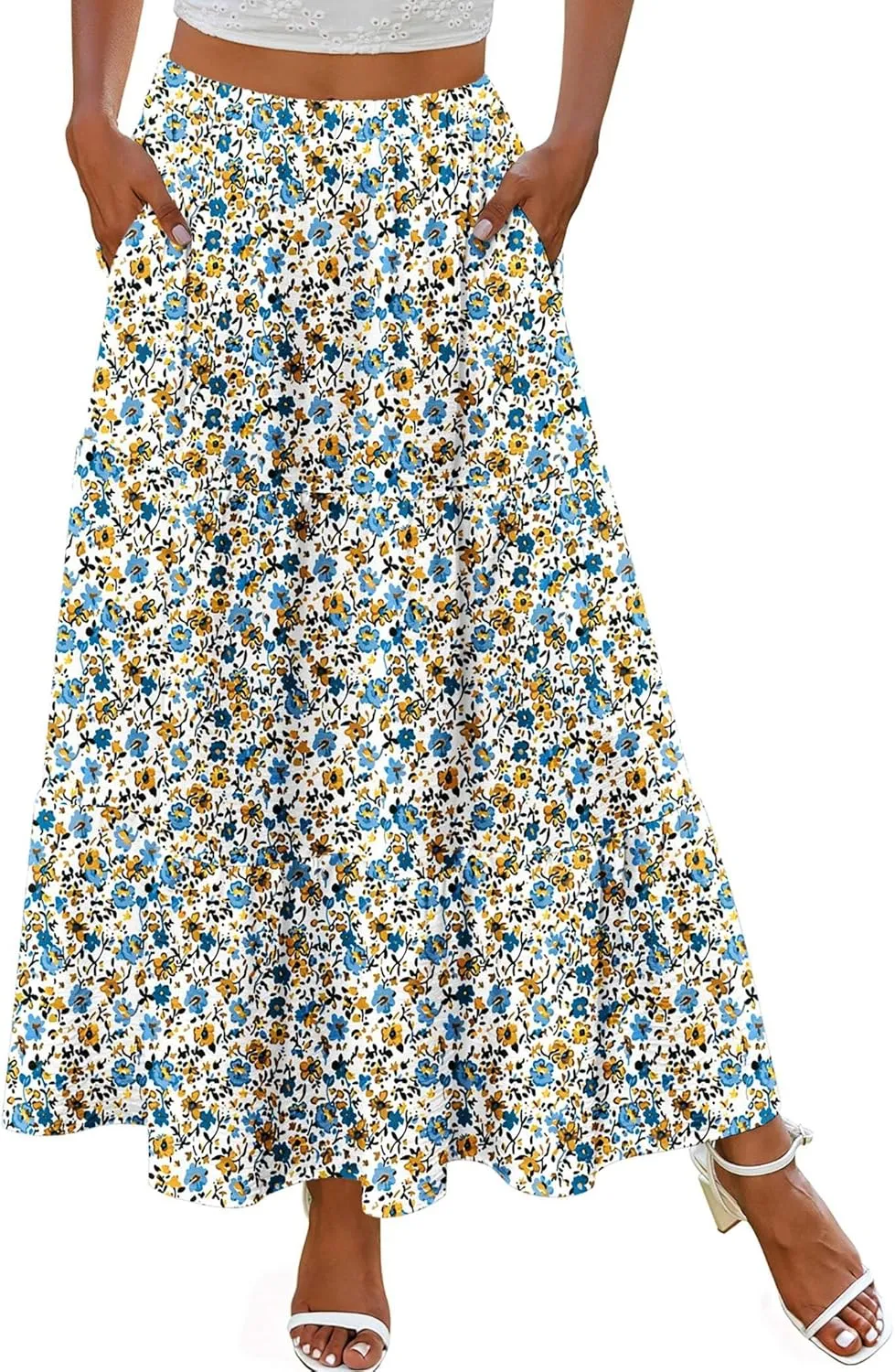 Zeagoo Boho Maxi Flowy Elastic A-Line Tiered Floral Skirts