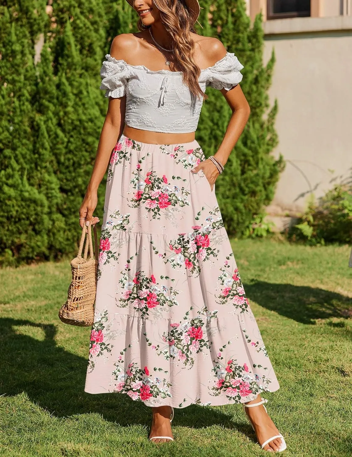 Zeagoo Boho Maxi Flowy Elastic A-Line Tiered Floral Skirts