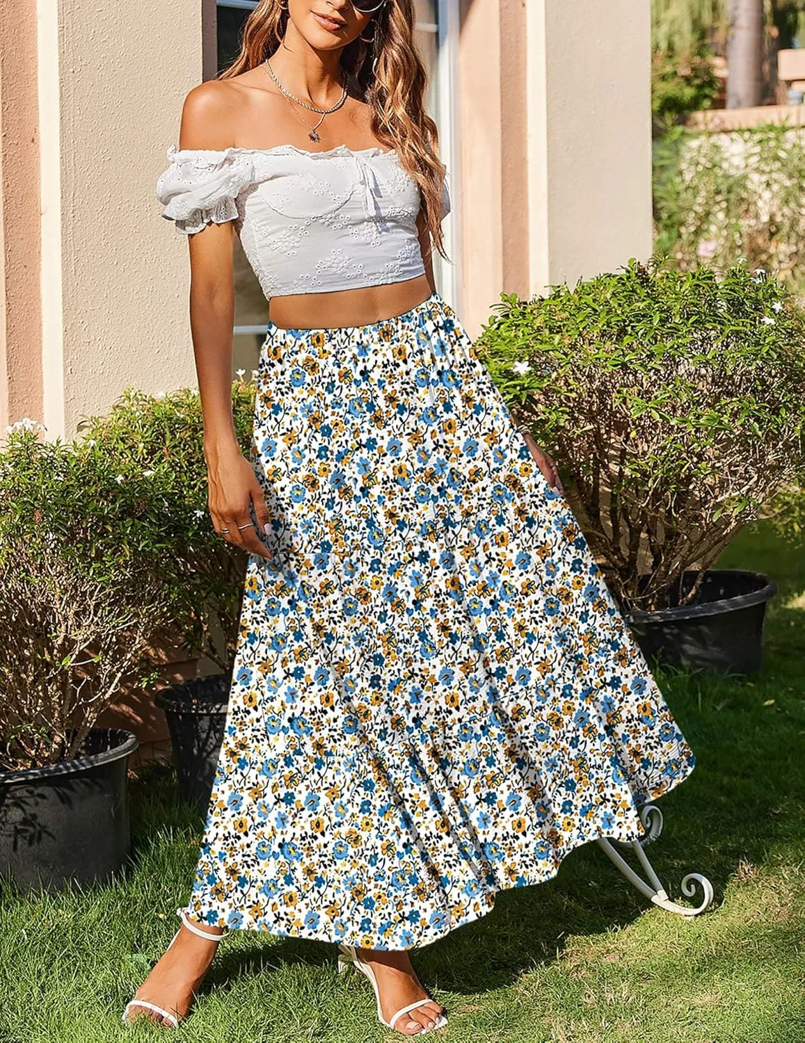 Zeagoo Boho Maxi Flowy Elastic A-Line Tiered Floral Skirts