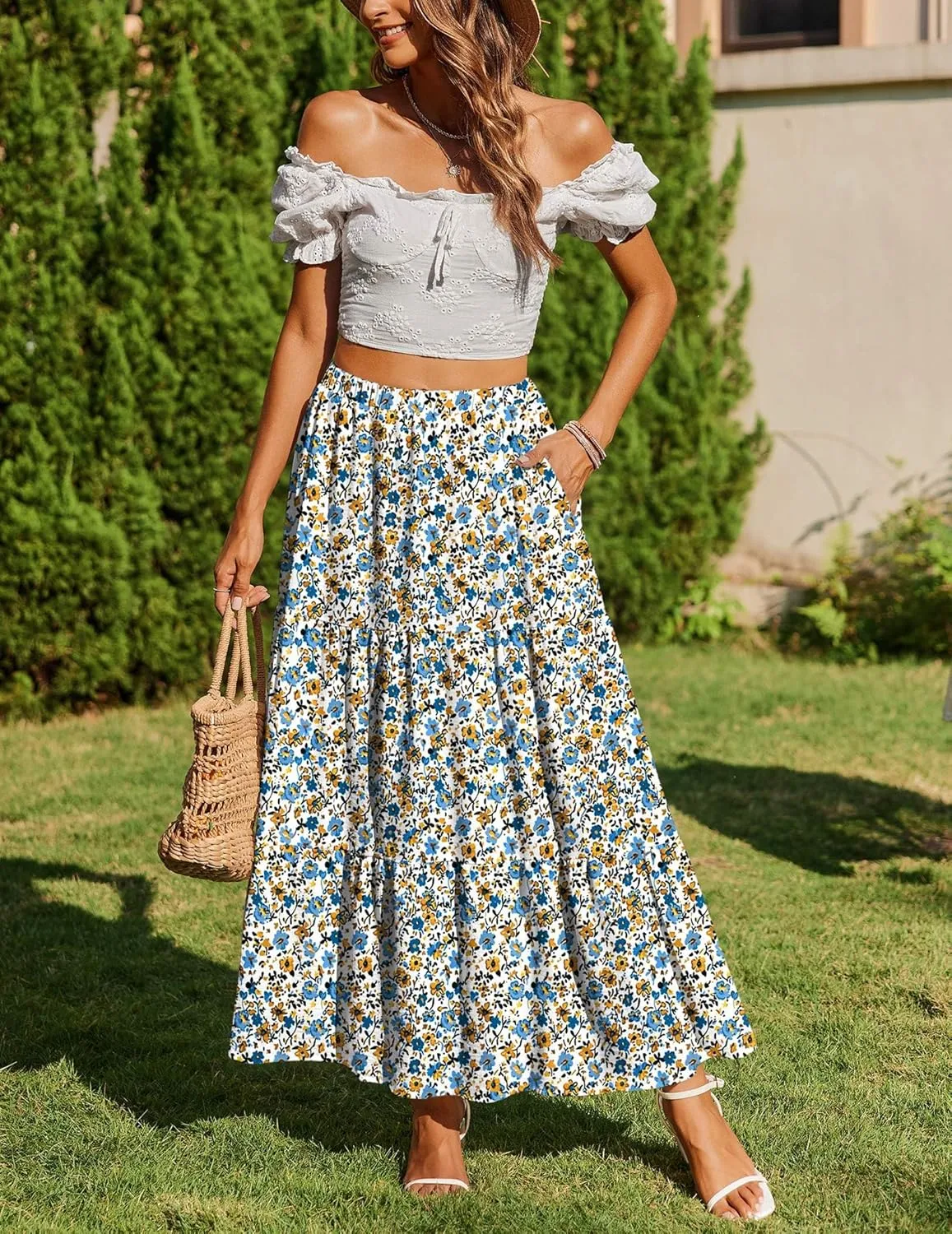 Zeagoo Boho Maxi Flowy Elastic A-Line Tiered Floral Skirts