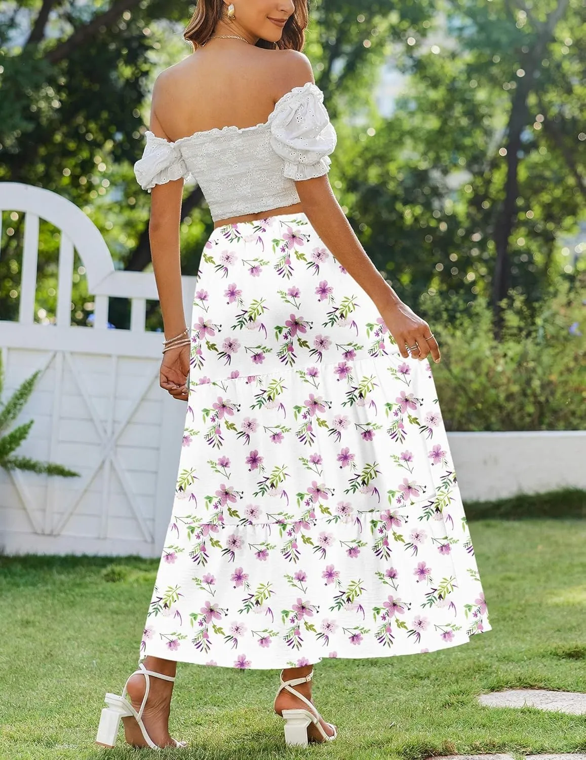 Zeagoo Boho Maxi Flowy Elastic A-Line Tiered Floral Skirts