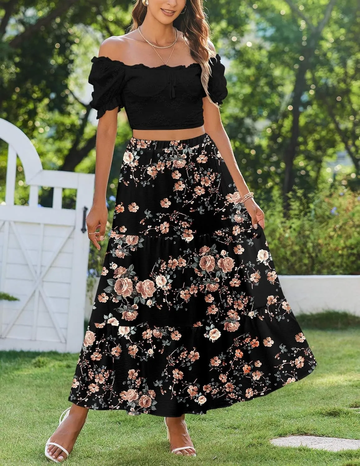 Zeagoo Boho Maxi Flowy Elastic A-Line Tiered Floral Skirts