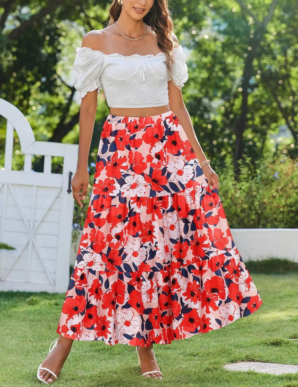 Zeagoo Boho Maxi Flowy Elastic A-Line Tiered Floral Skirts