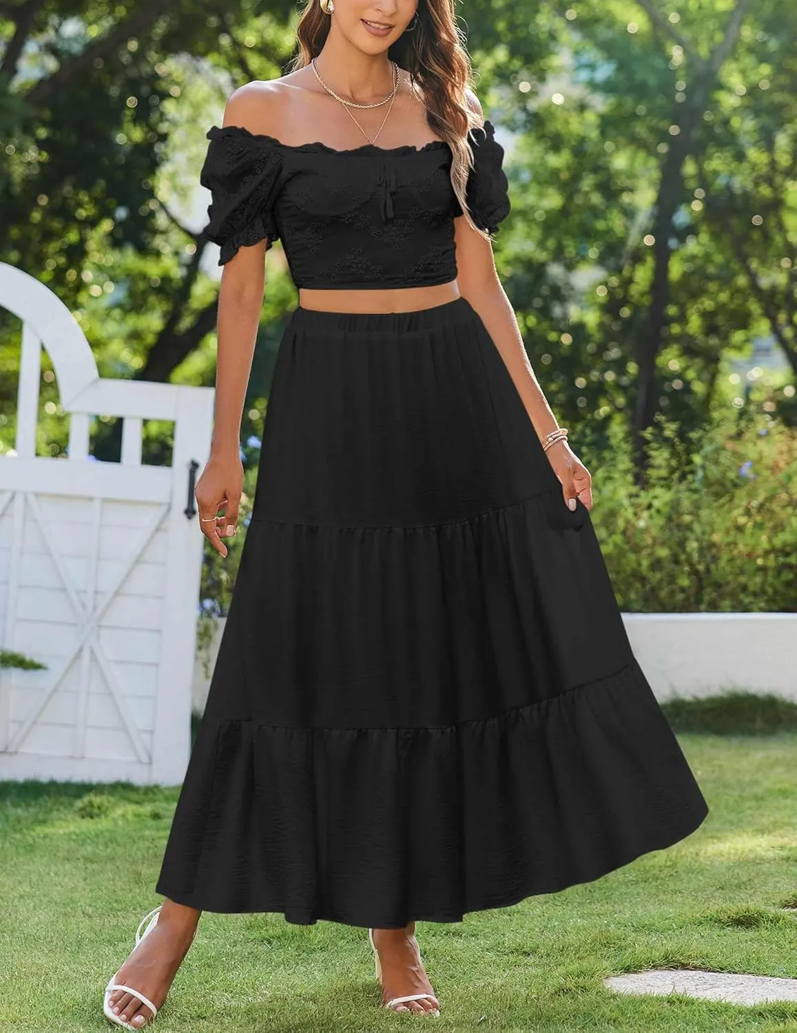 Zeagoo Boho Maxi Flowy Elastic A-Line Tiered Floral Skirts