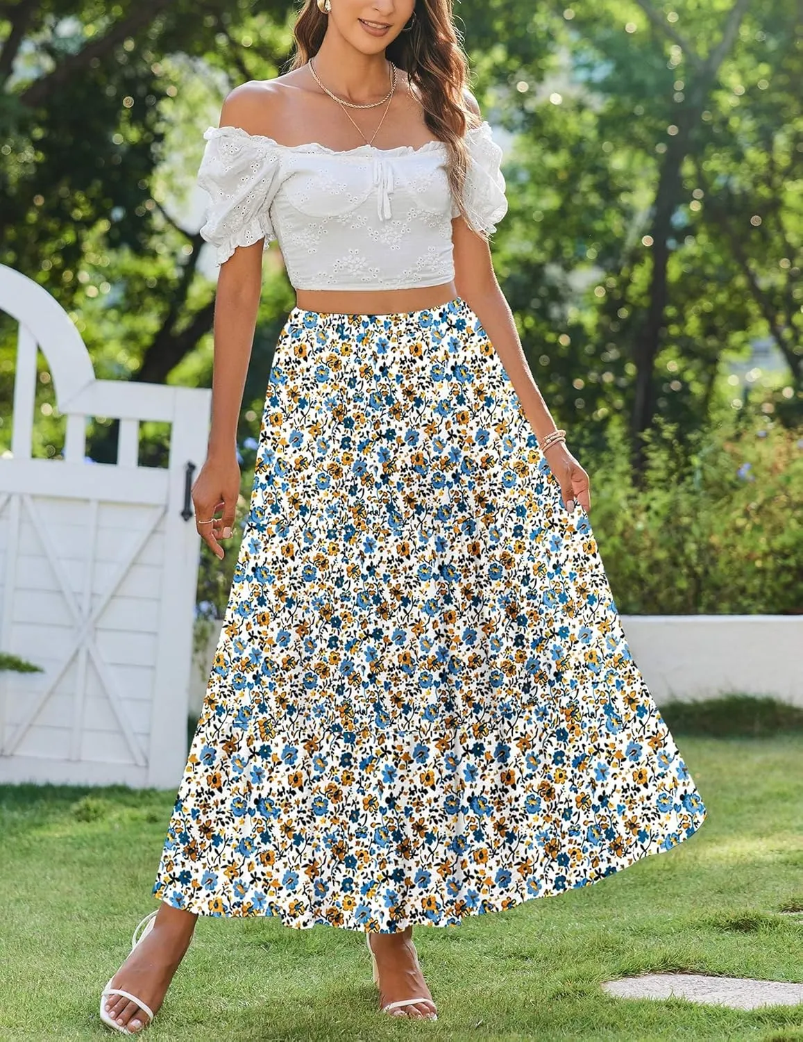 Zeagoo Boho Maxi Flowy Elastic A-Line Tiered Floral Skirts