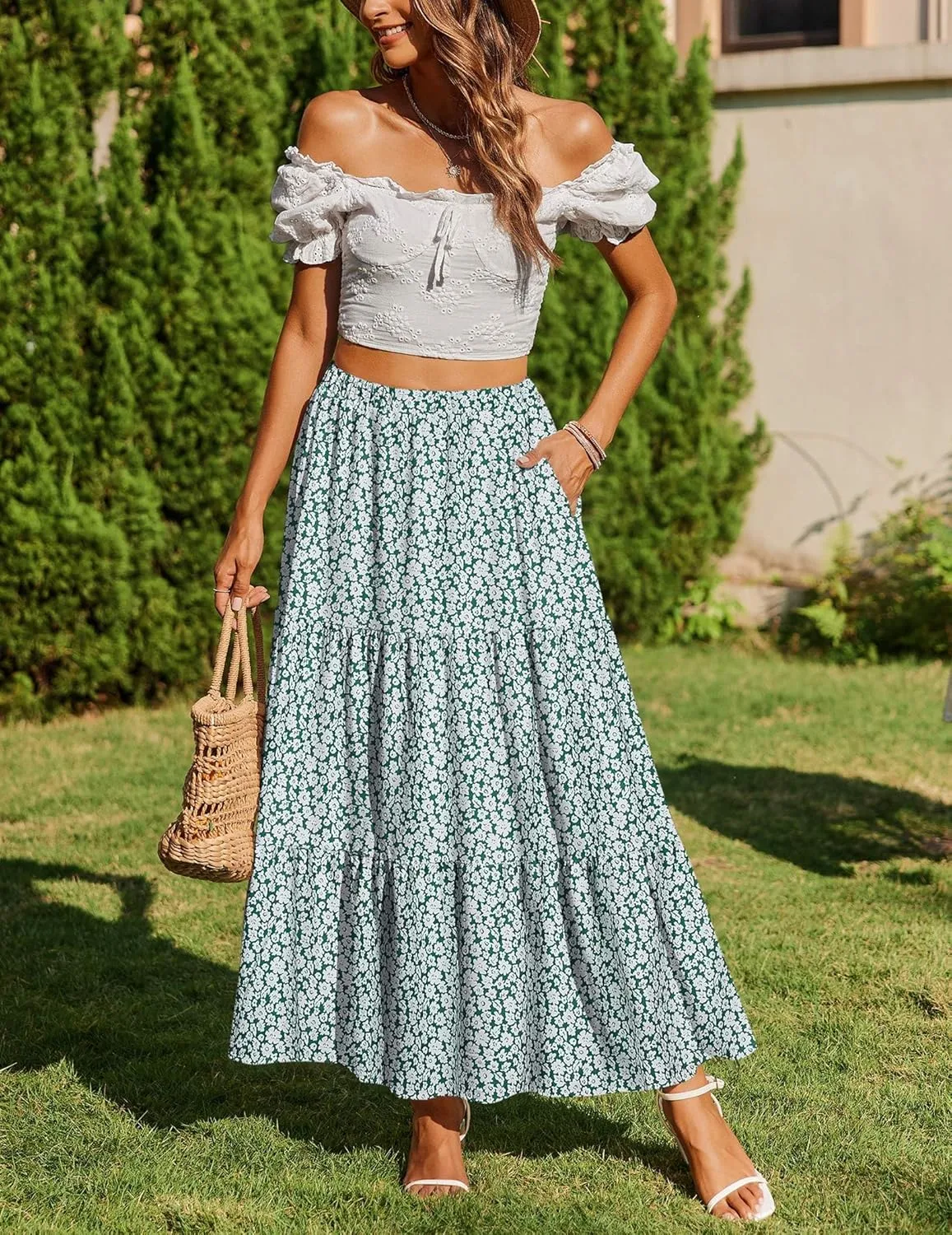 Zeagoo Boho Maxi Flowy Elastic A-Line Tiered Floral Skirts