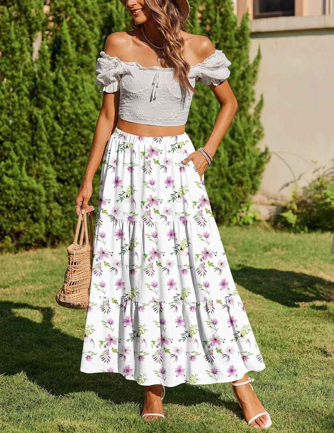 Zeagoo Boho Maxi Flowy Elastic A-Line Tiered Floral Skirts