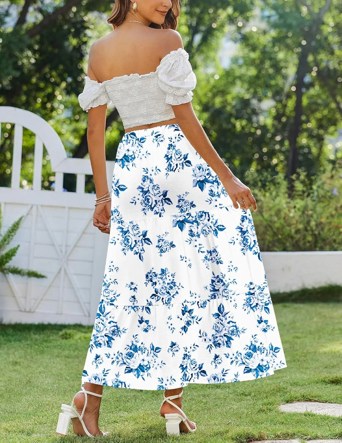 Zeagoo Boho Maxi Flowy Elastic A-Line Tiered Floral Skirts