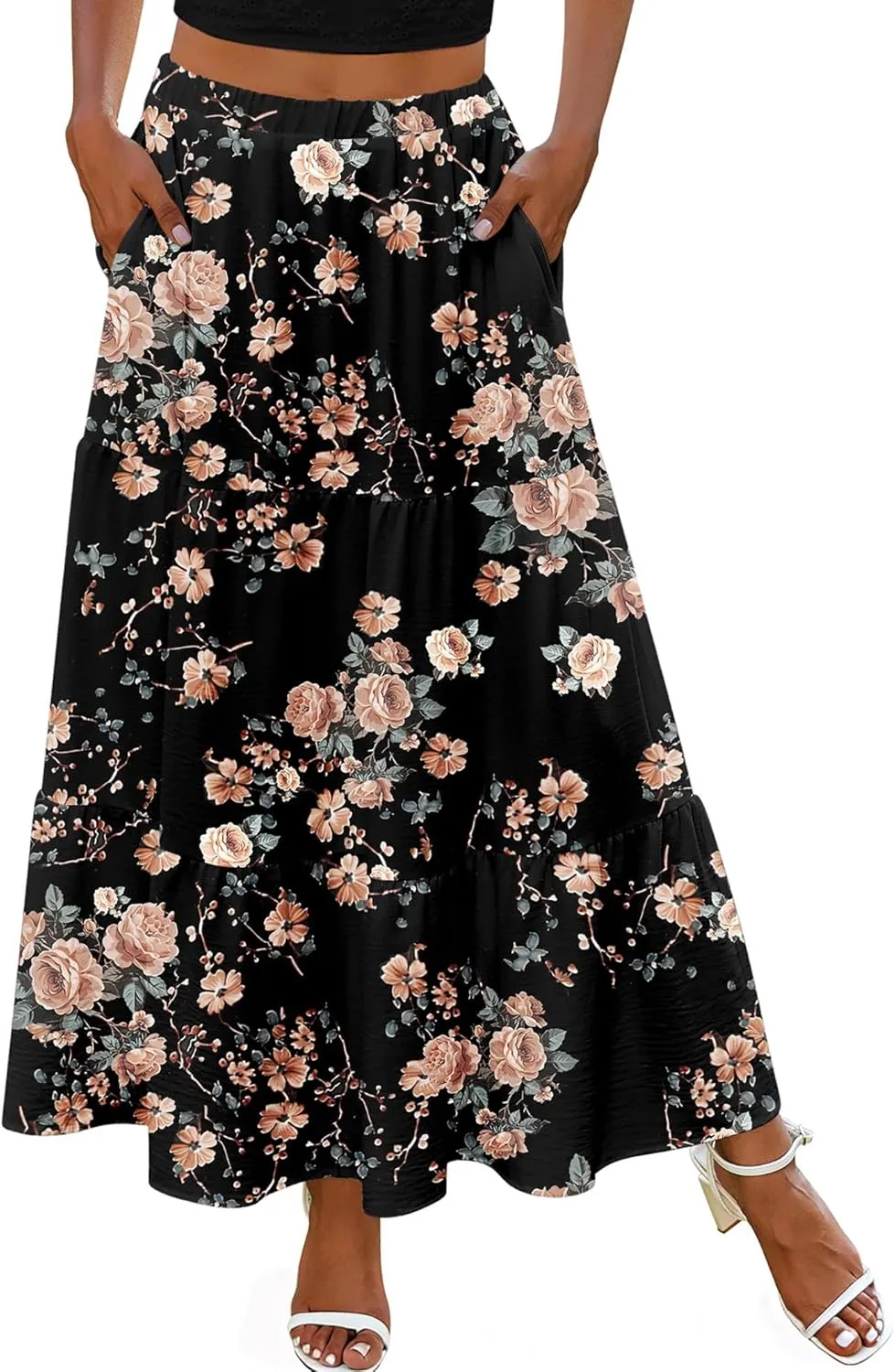 Zeagoo Boho Maxi Flowy Elastic A-Line Tiered Floral Skirts