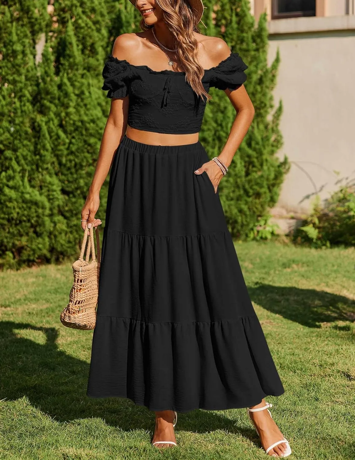 Zeagoo Boho Maxi Flowy Elastic A-Line Tiered Floral Skirts