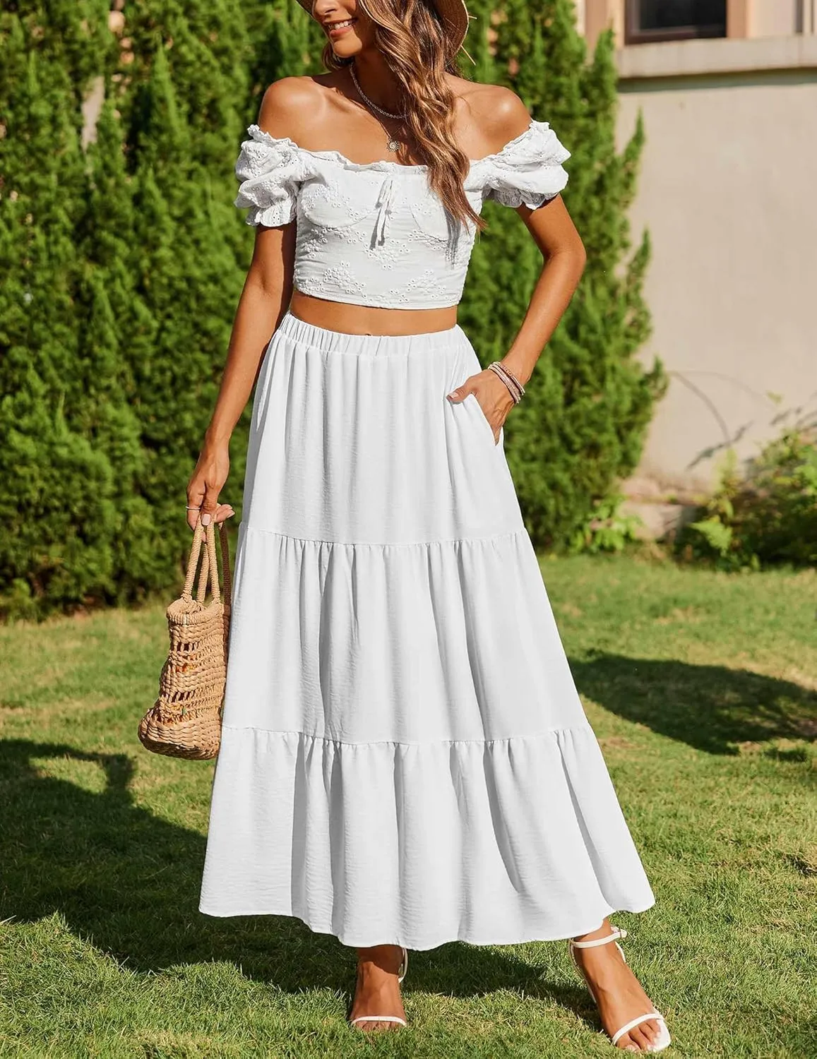 Zeagoo Boho Maxi Flowy Elastic A-Line Tiered Floral Skirts