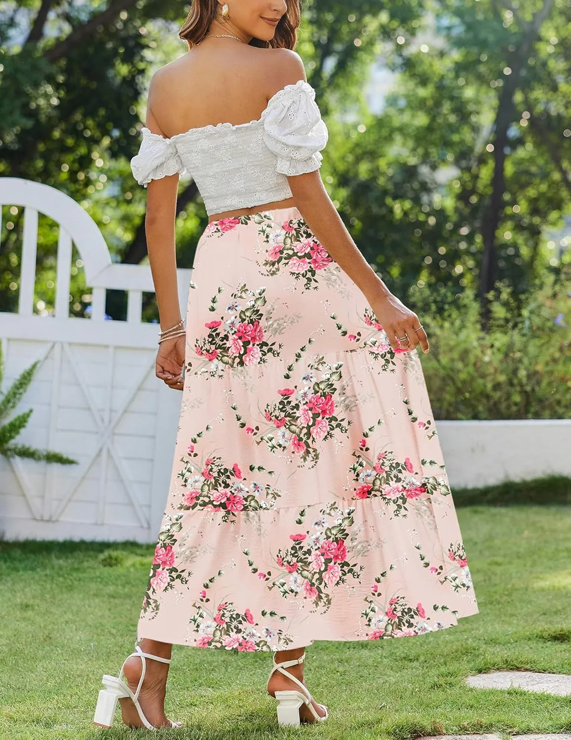 Zeagoo Boho Maxi Flowy Elastic A-Line Tiered Floral Skirts