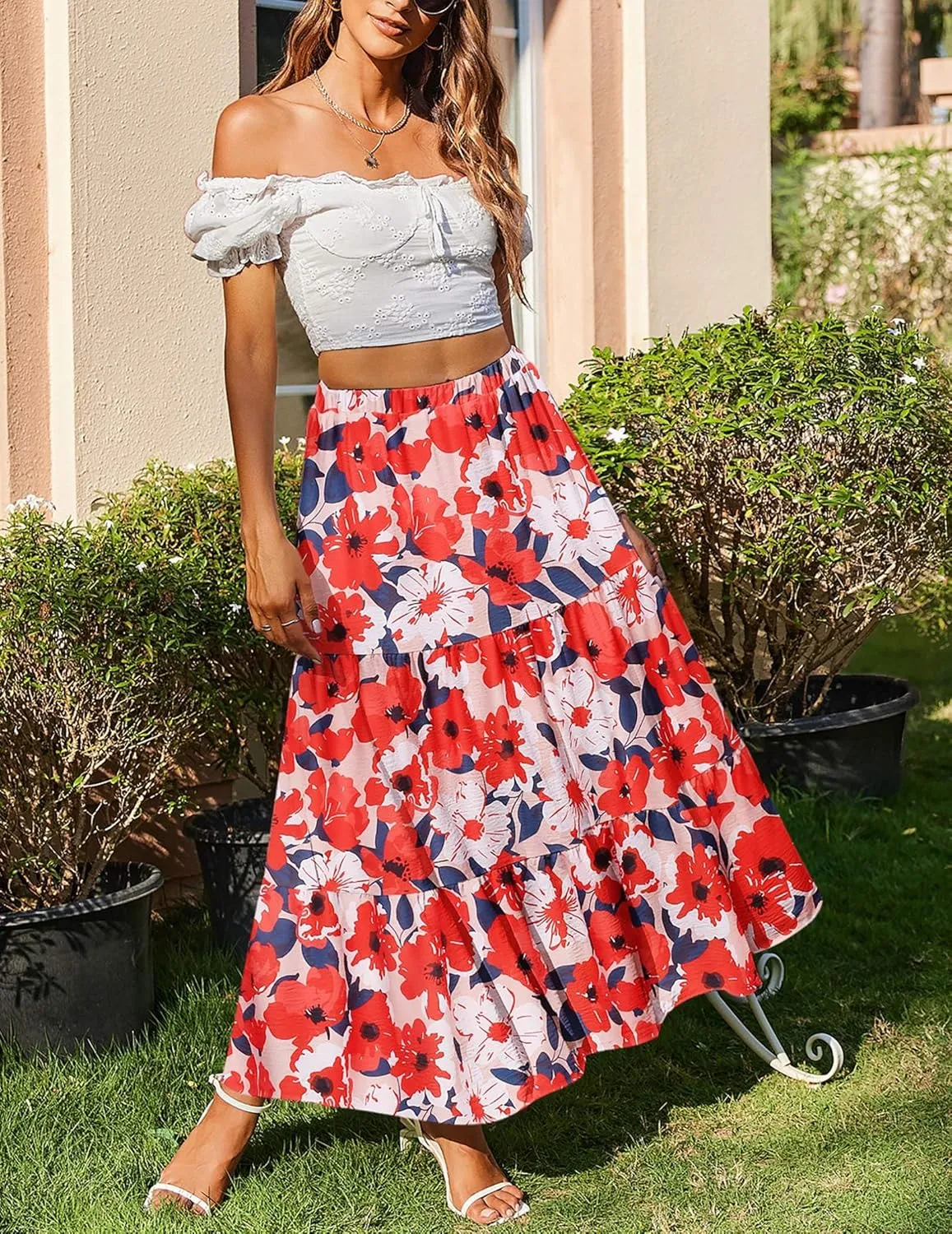 Zeagoo Boho Maxi Flowy Elastic A-Line Tiered Floral Skirts