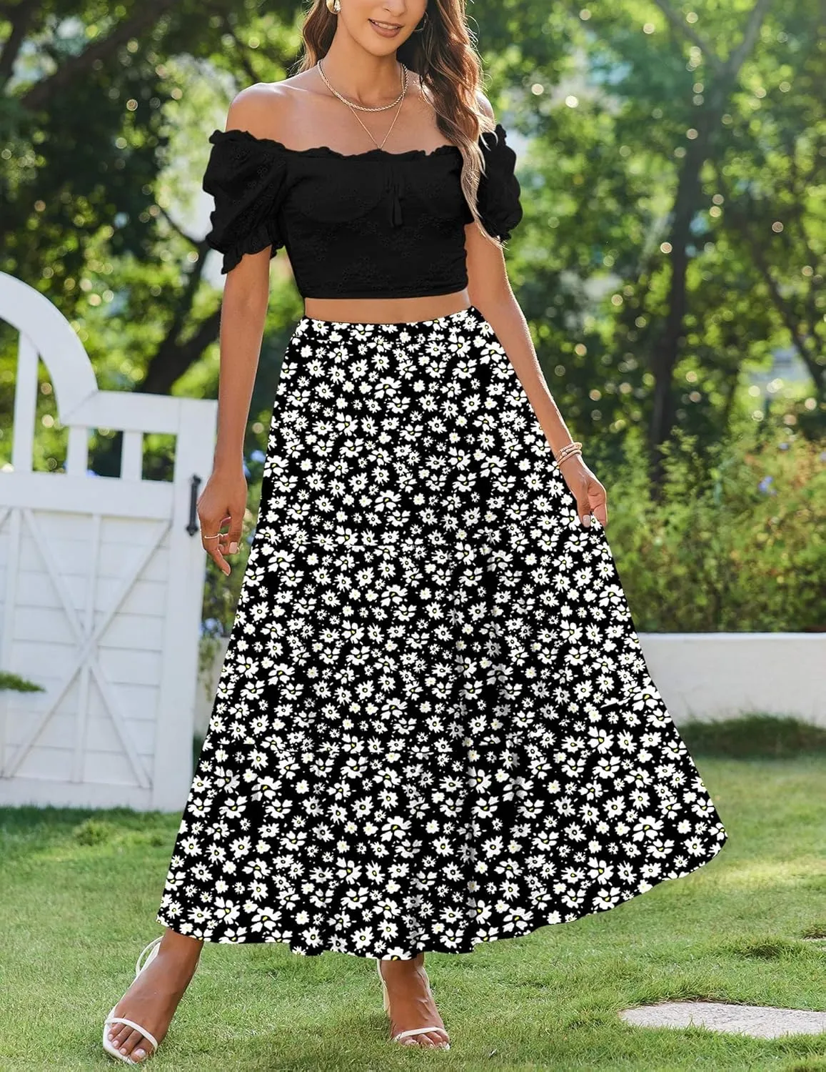 Zeagoo Boho Maxi Flowy Elastic A-Line Tiered Floral Skirts