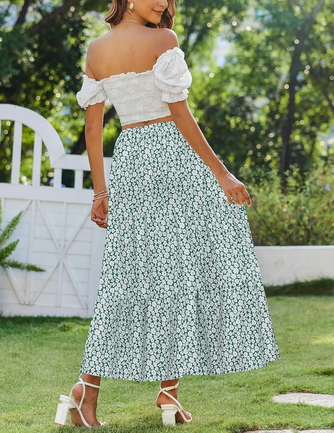 Zeagoo Boho Maxi Flowy Elastic A-Line Tiered Floral Skirts