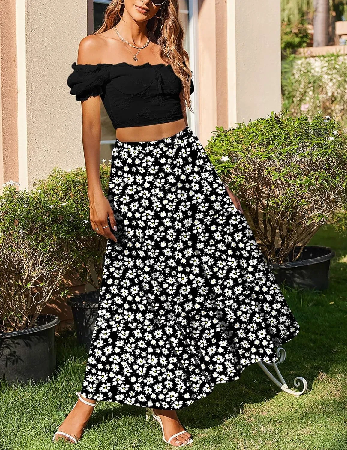 Zeagoo Boho Maxi Flowy Elastic A-Line Tiered Floral Skirts