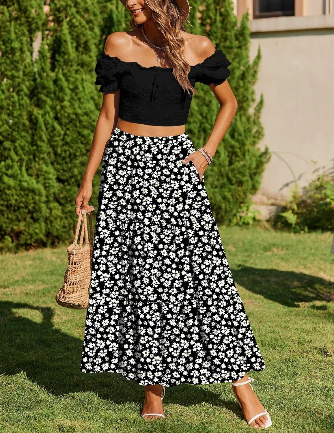 Zeagoo Boho Maxi Flowy Elastic A-Line Tiered Floral Skirts