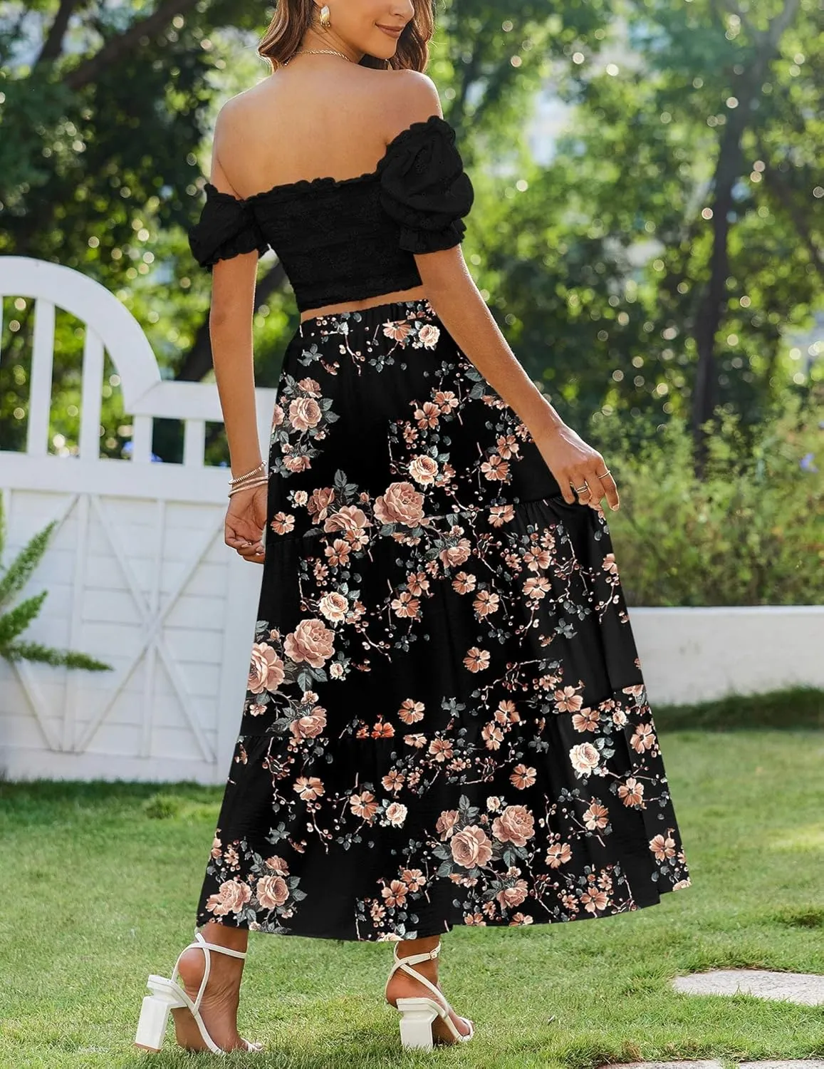 Zeagoo Boho Maxi Flowy Elastic A-Line Tiered Floral Skirts