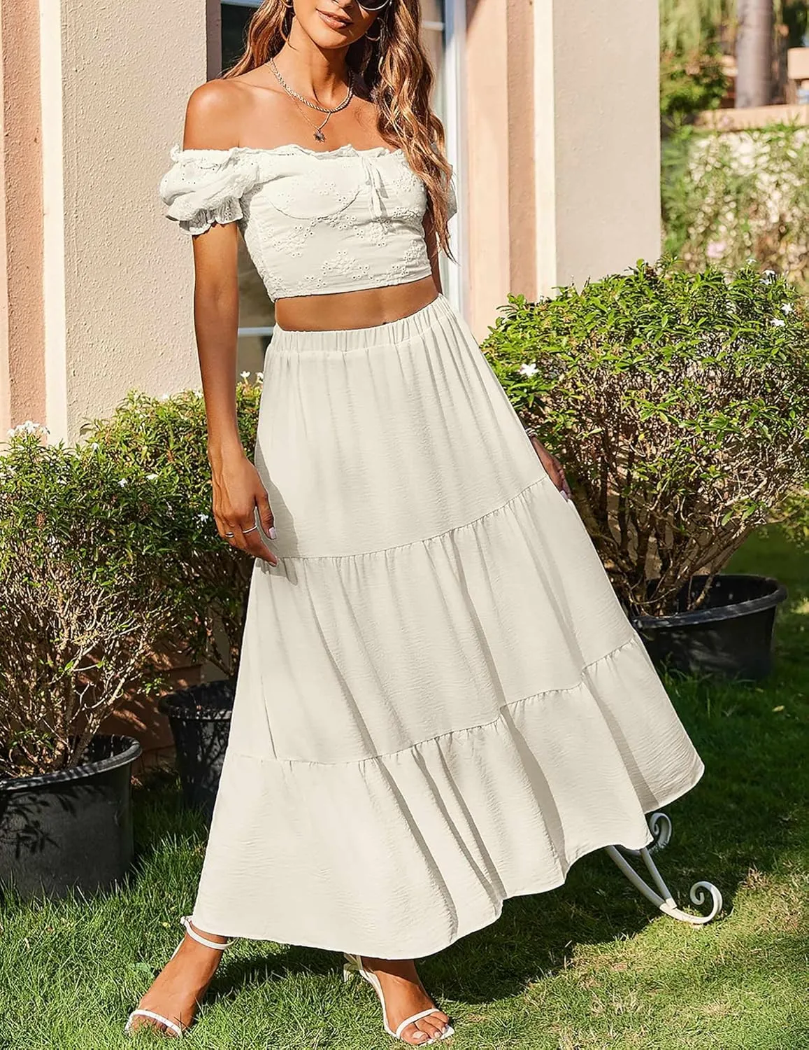 Zeagoo Boho Maxi Flowy Elastic A-Line Tiered Floral Skirts