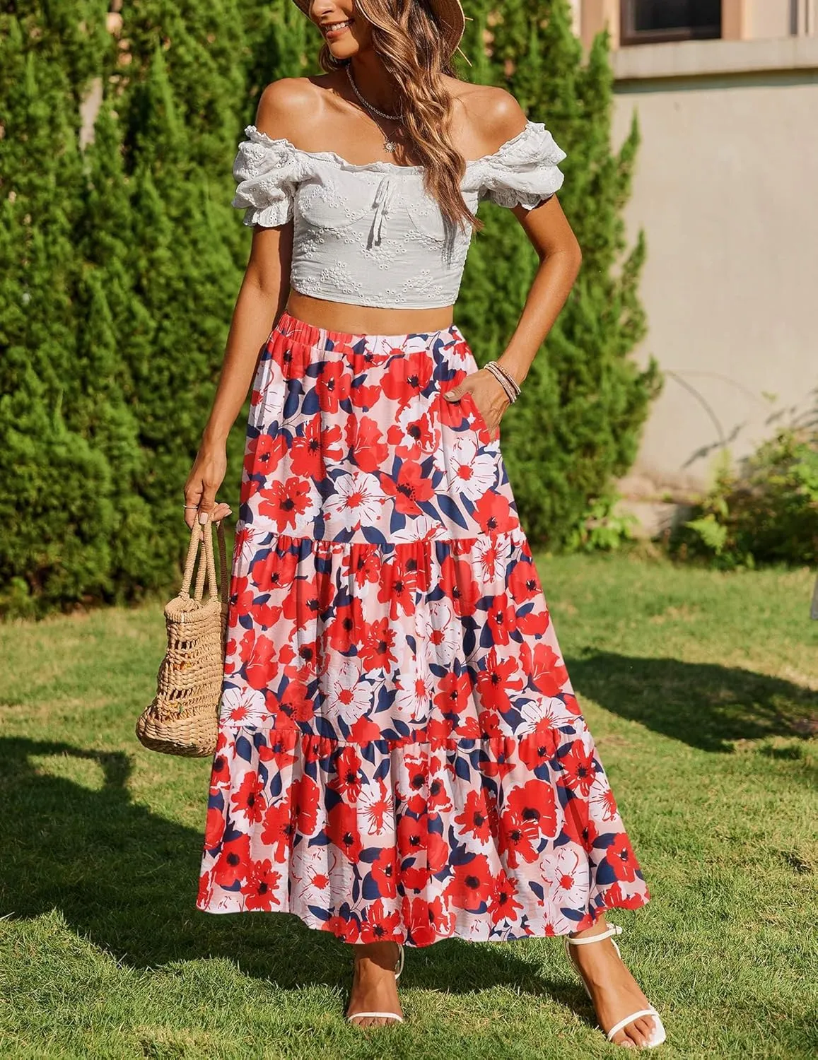 Zeagoo Boho Maxi Flowy Elastic A-Line Tiered Floral Skirts