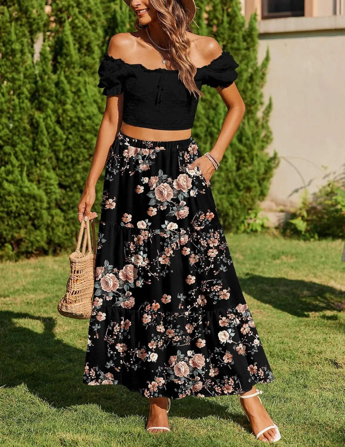 Zeagoo Boho Maxi Flowy Elastic A-Line Tiered Floral Skirts