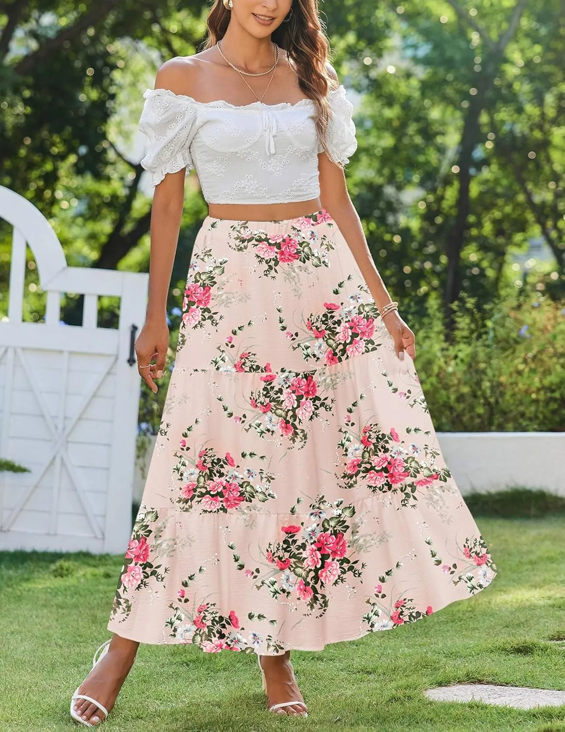 Zeagoo Boho Maxi Flowy Elastic A-Line Tiered Floral Skirts