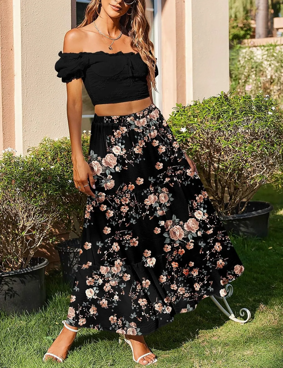 Zeagoo Boho Maxi Flowy Elastic A-Line Tiered Floral Skirts