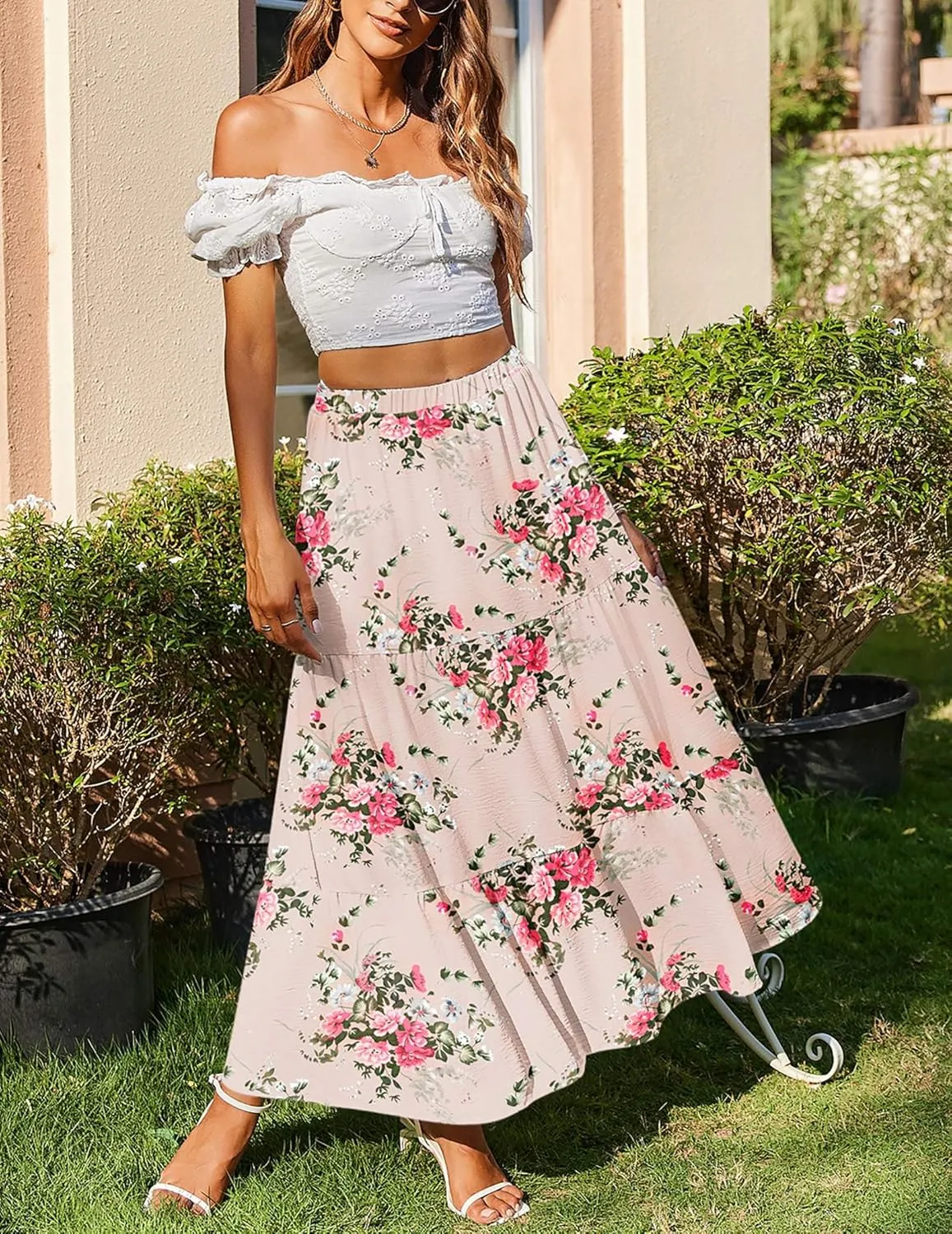 Zeagoo Boho Maxi Flowy Elastic A-Line Tiered Floral Skirts