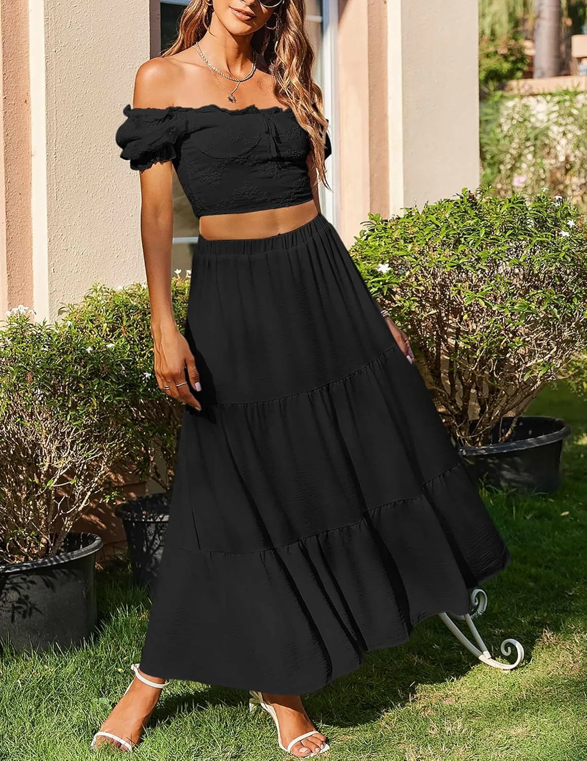 Zeagoo Boho Maxi Flowy Elastic A-Line Tiered Floral Skirts