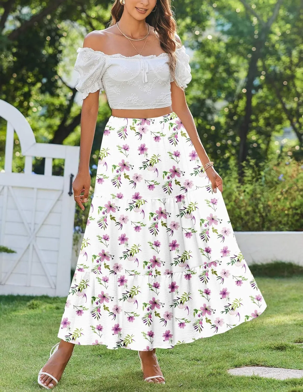 Zeagoo Boho Maxi Flowy Elastic A-Line Tiered Floral Skirts