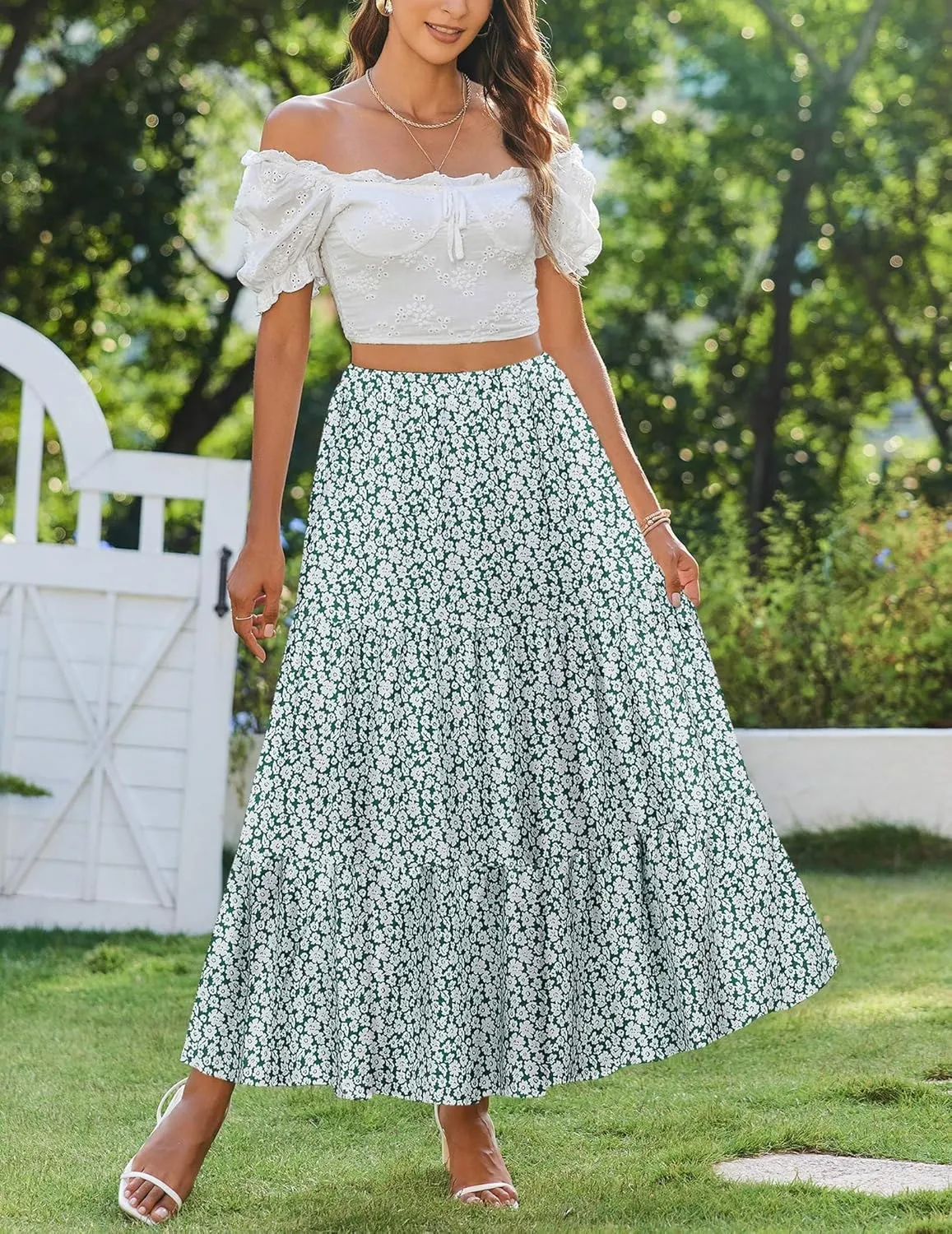 Zeagoo Boho Maxi Flowy Elastic A-Line Tiered Floral Skirts